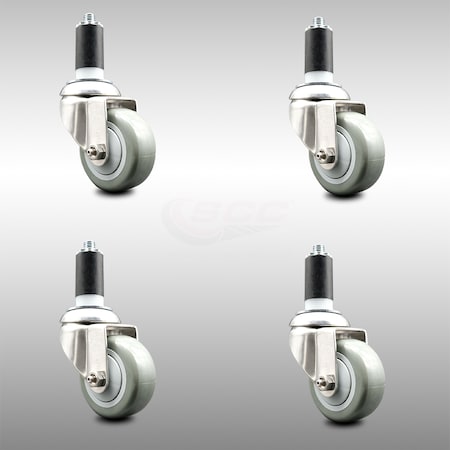 3 Inch 316SS Gray Polyurethane Swivel 1-1/4 Inch Expanding Stem Caster Set SCC